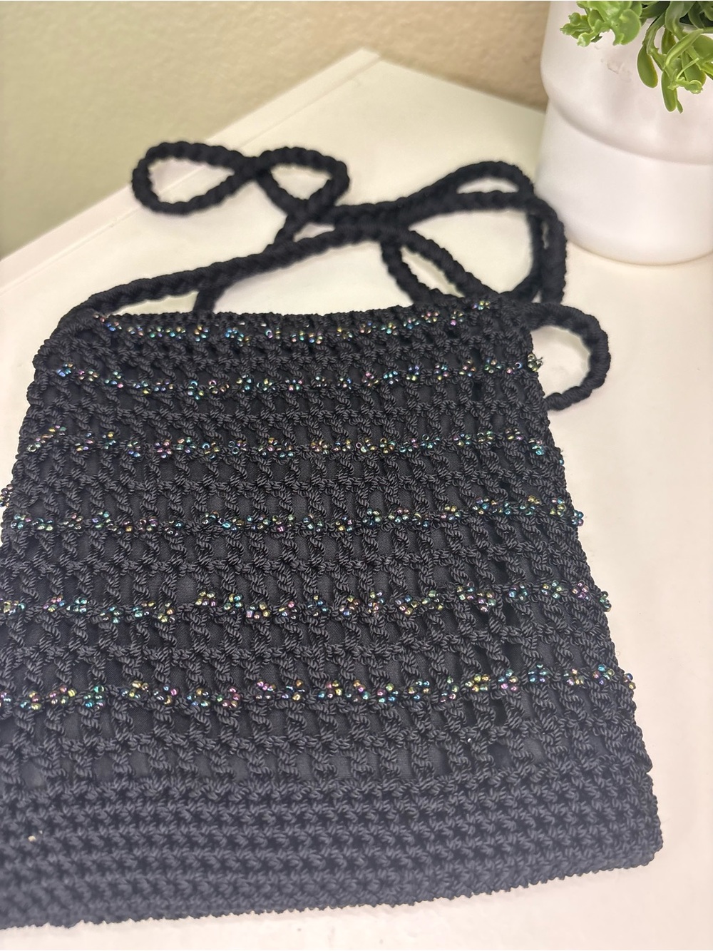 Vintage Black Beaded Crochet Crossbody Bag Boho Festival Purse Iridescent - Picture 3 of 8